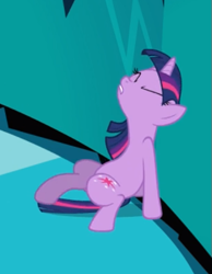 Size: 403x519 | Tagged: safe, imported from derpibooru, screencap, twilight sparkle, pony, unicorn, the crystal empire, cropped, eyes closed, female, mare, pushing, sitting, solo, unicorn twilight