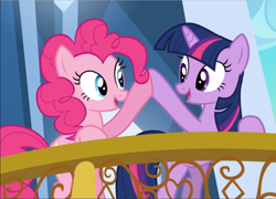 Size: 1306x939 | Tagged: safe, imported from derpibooru, screencap, pinkie pie, twilight sparkle, earth pony, pony, unicorn, the crystal empire, balcony, cropped, female, hoofbump, leaning, looking at each other, mare, open mouth, proud, smiling, unicorn twilight