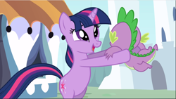 Size: 1668x942 | Tagged: safe, imported from derpibooru, screencap, spike, twilight sparkle, dragon, pony, unicorn, season 3, the crystal empire, belly, bipedal, cute, duo, female, hind legs, legs together, male, mare, open mouth, smiling, the failure song, twiabetes, unicorn twilight