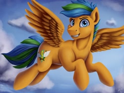 Size: 4000x3000 | Tagged: safe, artist:vittorionobile, imported from derpibooru, oc, oc only, oc:thunderwing, pegasus, pony, cloud, commission, digital art, flying, grin, male, sky, smiling, solo, stallion