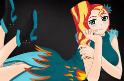 Size: 1600x1049 | Tagged: safe, artist:anonix123, imported from derpibooru, sunset shimmer, human, clothes, dress, female, fiery shimmer, humanized, smiling, solo