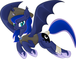 Size: 6281x4871 | Tagged: safe, artist:kopcap94, imported from derpibooru, princess luna, alicorn, bat pony, bat pony alicorn, pony, .svg available, absurd resolution, bat ponified, captain luna, clothes, fangs, female, hat, lunabat, pirate, pirate hat, race swap, simple background, smiling, solo, tail wrap, transparent background, vector