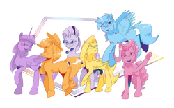 Size: 2400x1500 | Tagged: safe, artist:saturdaymorningproj, imported from derpibooru, applejack, fluttershy, pinkie pie, rainbow dash, rarity, twilight sparkle, alicorn, earth pony, pegasus, pony, unicorn, applejack's hat, cowboy hat, female, flying, freckles, hat, mane six, mare, simple background, smiling, straw in mouth, transparent background, twilight sparkle (alicorn), walking, waving