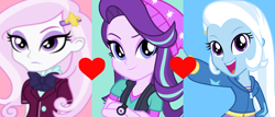 Size: 1300x554 | Tagged: safe, artist:themexicanpunisher, imported from derpibooru, fleur-de-lis, starlight glimmer, trixie, equestria girls, mirror magic, spoiler:eqg specials, female, fleur-de-glim, fleur-de-trix, fleurstartrix, heart, lesbian, polyamory, shipping, shipping domino, startrix, triad