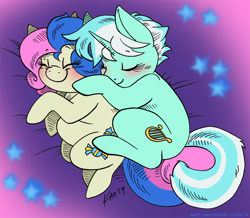 Size: 1100x957 | Tagged: safe, artist:kaemantis, imported from derpibooru, bon bon, lyra heartstrings, sweetie drops, earth pony, pony, unicorn, adorabon, blushing, chubby, cuddling, cute, female, lesbian, lyrabetes, lyrabon, pudgy, shipping, sleeping, smiling, spooning, stars