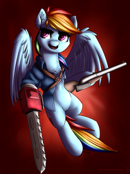 Size: 1800x2400 | Tagged: safe, artist:shido-tara, imported from derpibooru, rainbow dash, pegasus, pony, ash williams, chainsaw, crossover, evil dead, female, gun, mare, open mouth, red background, simple background, solo, spread wings, weapon, wings