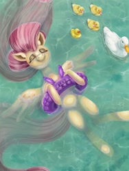 Size: 1668x2224 | Tagged: safe, artist:catscratchpaper, imported from derpibooru, fluttershy, duck, pegasus, pony, cute, duckling, eyes closed, female, floating, floaty, inflatable, mare, on back, pool toy, relaxing, shyabetes, smiling, spread wings, swimming, water, wings