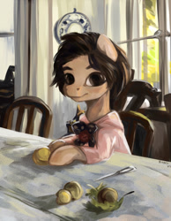 Size: 1395x1800 | Tagged: safe, artist:nancy-05, imported from derpibooru, pony, blouse, bowtie, bust, chair, clothes, female, filly, fine art parody, food, girl with peaches, herbivore, hooves on the table, indoors, interior, knife, leaf, looking at you, peach, ponified, portrait, sitting, solo, table, three quarter view, window