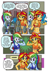 Size: 583x851 | Tagged: safe, artist:art-2u, imported from derpibooru, rainbow dash, sunset shimmer, comic:gym partners, equestria girls, abs, belly button, biceps, breasts, clothes, comic, female, flexing, gym uniform, midriff, muscles, open mouth, rainbuff dash, shorts, smiling, speech bubble, sports bra, sports shorts, sunset lifter, sweat, towel, weights, workout outfit, wristband