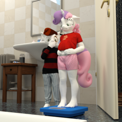 Size: 1500x1500 | Tagged: safe, artist:tahublade7, imported from derpibooru, pipsqueak, sweetie belle, anthro, earth pony, plantigrade anthro, unicorn, 3d, barefoot, bathroom, blushing, chubbie belle, chubby, clothes, daz studio, door, feet, female, floppy ears, implied weight gain, male, mirror, pants, scales, shirt, sweetie belle is a marshmallow too, weight woe