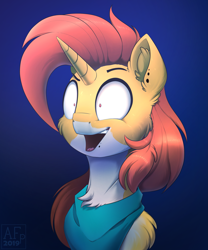 Size: 2731x3278 | Tagged: safe, artist:airfly-pony, imported from derpibooru, oc, oc only, oc:autumn fire, pony, bust, crazy face, faic, male, open mouth, piercing, portrait, rcf community, smiling, solo, teeth