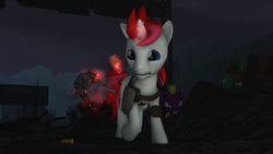 Size: 3840x2160 | Tagged: safe, artist:awgear, imported from derpibooru, oc, oc only, oc:life bloom, earth pony, pony, unicorn, fallout equestria, 3d, blue eyes, danger, energy weapon, fallout, female, glowing horn, grin, gun, handgun, hooves, horn, laser pistol, levitation, magic, magical energy weapon, male, mare, night, raider, raiders, red mane, red tail, reloading, smiling, solo, source filmmaker, stallion, telekinesis, this will end in death, this will end in pain, this will end in tears, this will end in tears and/or death, wasteland, weapon, white coat, worried