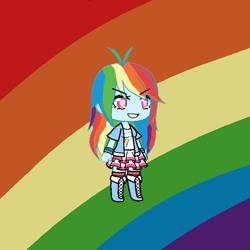 Size: 768x768 | Tagged: safe, artist:broniesplaying, edit, imported from derpibooru, rainbow dash, equestria girls, armband, boots, clothes, cute, female, gacha life, grin, lidded eyes, rainbow, rainbow background, shoes, skirt, smiling, smirk, socks, solo