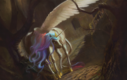 Size: 1920x1206 | Tagged: safe, artist:bra1neater, imported from derpibooru, princess celestia, alicorn, classical unicorn, pony, ethereal mane, everfree forest, female, fine art emulation, hoers, leonine tail, mare, realistic anatomy, solo, spread wings, stairs, wings