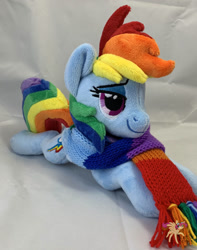 Size: 900x1143 | Tagged: safe, artist:ketika, imported from derpibooru, rainbow dash, pony, bedroom eyes, clothes, irl, photo, plushie, prone, scarf, solo