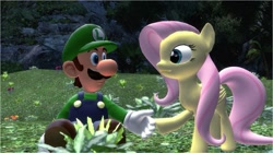 Size: 1607x899 | Tagged: safe, artist:daniotheman, imported from derpibooru, fluttershy, human, pegasus, pony, 3d, crossover, crossover shipping, gmod, luigi, luigishy, nintendo, shipping, super mario bros.