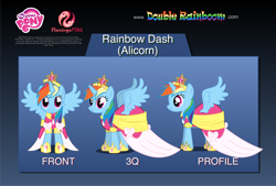 Size: 2200x1485 | Tagged: safe, artist:woodyramesses17, imported from derpibooru, rainbow dash, alicorn, pony, alicornified, clothes, coronation, coronation dress, crown, dress, flash puppet, jewelry, princess rainbow dash, race swap, rainbowcorn, regalia, shoes, show accurate