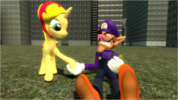 Size: 1599x900 | Tagged: safe, artist:daniotheman, imported from derpibooru, sunset shimmer, human, pony, unicorn, 3d, blushing, crossover, crossover shipping, flower, gmod, nintendo, shipping, super mario bros., waluigi, waluset