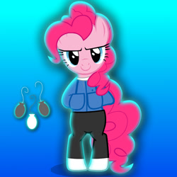 Size: 800x800 | Tagged: safe, artist:mrvector, derpibooru exclusive, imported from derpibooru, pinkie pie, earth pony, pony, bipedal, clothes, female, gradient background, hooves in pockets, jacket, mare, sans (undertale), sans pie, smiling, solo, undertale