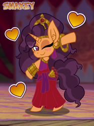 Size: 768x1028 | Tagged: safe, artist:snakeythingy, imported from derpibooru, saffron masala, clothes swap, crossover, dancing, disney, esmeralda, esmeralda (the hunchback of notre dame), heart, hunchback of notre dame, looking at you, one eye closed, the hunchback of notre dame, wink