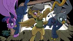 Size: 4800x2700 | Tagged: safe, artist:latecustomer, imported from derpibooru, daring do, gabby, twilight sparkle, alicorn, griffon, pegasus, pony, fanfic:ranger, armor, clothes, commission, drone, fanfic, fanfic art, fanfic cover, female, flying, frown, glare, gremlin (x-com), looking down, mare, open mouth, raised eyebrow, rope, serious, serious face, smiling, smirk, spread wings, twilight sparkle (alicorn), uniform, wanderer d, wings, x-com, xcom 2