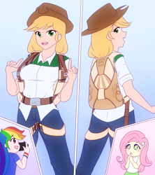 Size: 2000x2251 | Tagged: safe, artist:jonfawkes, imported from derpibooru, applejack, fluttershy, rainbow dash, human, equestria girls, air ponyville, camera, chibi, commission, harness, humanized, leather, multiple angles, outfit, parachute, pose, starry eyes, tack, wingding eyes