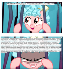 Size: 1135x1069 | Tagged: safe, edit, edited screencap, imported from derpibooru, screencap, cozy glow, pegasus, pony, school raze, copypasta, evil, female, filly, jail, meme, navy seal copypasta, solo, vulgar, wanna be friends?