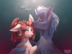 Size: 4000x3000 | Tagged: safe, artist:sparklyon3, imported from derpibooru, oc, earth pony, pegasus, pony, blushing, commission, female, male, oc x oc, rcf community, shipping