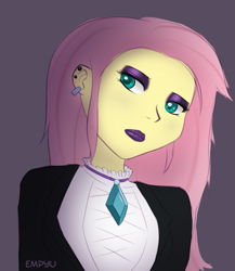 Size: 867x1000 | Tagged: safe, artist:empyu, imported from derpibooru, fluttershy, equestria girls, clothes, ear piercing, eyeshadow, female, fluttergoth, lipstick, makeup, piercing, solo