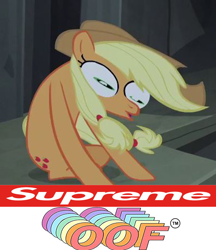 Size: 768x888 | Tagged: safe, edit, edited screencap, imported from derpibooru, screencap, applejack, earth pony, pony, castle mane-ia, animation error, caption, cropped, exploitable meme, female, great moments in animation, image macro, mare, meme, oof, reaction image, solo, supreme, text