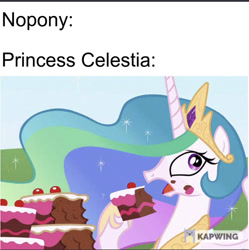 Size: 1113x1117 | Tagged: safe, imported from derpibooru, princess celestia, cake, cakelestia, caption, dank memes, food, image macro, kapwing, literally no one, meme, nobody meme, nopony, text