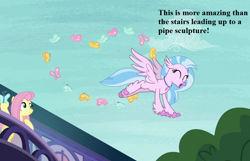 Size: 1008x648 | Tagged: safe, edit, edited screencap, imported from derpibooru, screencap, fluttershy, silverstream, butterfly, marks for effort, cropped, cute, dialogue, diastreamies, school of friendship, silverstream does loves indoor plumbing, that hippogriff sure does love indoor plumbing, that hippogriff sure does love stairs, tree