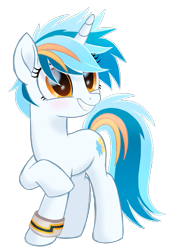 Size: 841x1237 | Tagged: safe, artist:prince-lionel, imported from derpibooru, oc, oc only, oc:skyforge, pony, unicorn, blushing, female, grin, mare, movie accurate, smiling, solo