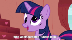Size: 640x360 | Tagged: safe, edit, edited screencap, imported from derpibooru, screencap, twilight sparkle, pony, sonic rainboom (episode), animated, bella thorne, caption, cross-eyed, derp, female, golden oaks library, image macro, shake it up, solo, television, text