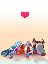 Size: 1500x2000 | Tagged: safe, artist:stevetwisp, imported from derpibooru, gallus, ocellus, sandbar, silverstream, smolder, yona, changedling, changeling, classical hippogriff, dragon, griffon, hippogriff, pony, yak, butt, cuddling, cute, dragoness, featured image, female, folded wings, gradient background, heart, implied gallstream, implied shipping, implied straight, implied yonabar, male, plot, rear view, simple background, sitting, stallion, student six, teenager, wings
