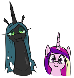 Size: 523x549 | Tagged: safe, artist:jargon scott, imported from derpibooru, princess cadance, queen chrysalis, alicorn, changeling, changeling queen, pony, bust, c:, duo, fangs, female, lidded eyes, long neck, looking at you, mare, simple background, smiling, white background