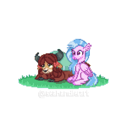 Size: 600x600 | Tagged: safe, artist:seahandlerart, imported from derpibooru, silverstream, yona, butterfly, classical hippogriff, hippogriff, yak, animated, bow, butterfly on nose, cloven hooves, cute, diastreamies, duo, female, grass, hair bow, insect on nose, monkey swings, pixel art, simple background, sprite, white background, yonadorable