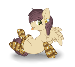 Size: 4584x4091 | Tagged: safe, artist:hellishprogrammer, artist:maximkoshe4ka, imported from derpibooru, oc, oc only, oc:marigold bloom, bee, pegasus, pony, blank flank, clothes, cute, ear piercing, earring, female, jewelry, mare, piercing, simple background, socks, solo, striped socks, tongue out, transparent background, ych result