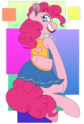 Size: 1200x1767 | Tagged: safe, artist:2k.bugbytes, imported from derpibooru, pinkie pie, anthro, cheerleader pinkie, clothes, cute, diapinkes, female, midriff, open mouth, rear view, simple background, skirt, solo, transparent background, wingding eyes