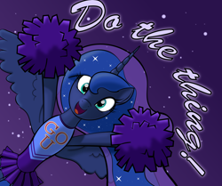 Size: 3000x2503 | Tagged: safe, artist:trash anon, derpibooru exclusive, imported from derpibooru, princess luna, alicorn, pony, alternate clothes, alternate costumes, bipedal, cheering, cheerleader, clothes, cute, do the thing, exclamation point, female, happy, hoof hold, looking at you, lunabetes, misleading thumbnail, motivational, night, open mouth, pleated skirt, pom pom, positive ponies, skirt, sky, smiling, solo, spread wings, stars, talking to viewer, text, wholesome, wide eyes, wings