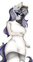 Size: 576x1080 | Tagged: safe, artist:cutejosuke, imported from derpibooru, oc, oc only, oc:meadow blossom, anthro, unicorn, anthro oc, big breasts, breasts, clothes, ear fluff, female, horn, looking at you, signature, simple background, socks, solo, sweater, thigh highs, unicorn oc, white background, ych result