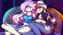 Size: 2880x1620 | Tagged: safe, artist:rockset, imported from derpibooru, fluttershy, sunset shimmer, equestria girls, equestria girls series, game stream, spoiler:eqg series (season 2), barefoot, clothes, controller, couch, feet, female, fluttershy boho dress, gamer sunset, gamershy, jacket, sitting, sunset gamer, tongue out