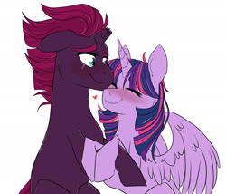 Size: 2645x2267 | Tagged: safe, artist:canisrettmajoris, imported from derpibooru, tempest shadow, twilight sparkle, alicorn, pony, unicorn, blushing, broken horn, eye scar, eyes closed, female, heart, horn, lesbian, mare, scar, shipping, simple background, smiling, tempestlight, twilight sparkle (alicorn), white background