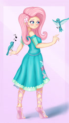 Size: 1837x3265 | Tagged: safe, artist:nin10ja, imported from derpibooru, fluttershy, bird, human, equestria girls, equestria girls series, blushing, clothes, cute, dress, feet, female, fluttershy boho dress, heart eyes, human coloration, humanized, legs, music notes, sandals, shyabetes, singing, skirt, sleeveless, sleeveless dress, smiling, toes, wingding eyes