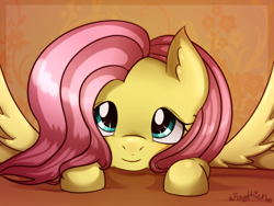 Size: 2764x2078 | Tagged: safe, artist:forythien, imported from derpibooru, fluttershy, pegasus, pony, bust, cute, ear fluff, female, looking at you, looking up, mare, portrait, shyabetes, smiling, solo, spread wings, wings, ych result