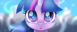 Size: 1000x418 | Tagged: safe, artist:prince-lionel, imported from derpibooru, twilight sparkle, pony, fanfic:magisight: thaumaturgical ocularity, beautiful, bust, eye, eyes, fanfic art, female, looking at you, mare, movie accurate, solo
