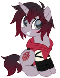 Size: 666x859 | Tagged: safe, artist:prince-lionel, imported from derpibooru, pony, unicorn, clothes, movie accurate, ponified, ruby rose, rwby, silver eyes, smiling, solo