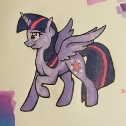 Size: 1886x1886 | Tagged: safe, artist:honeybeepony, imported from derpibooru, twilight sparkle, alicorn, pony, female, mare, raised hoof, spread wings, traditional art, twilight sparkle (alicorn), wings