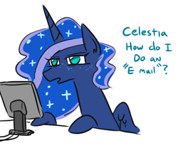 Size: 582x484 | Tagged: safe, artist:jargon scott, imported from derpibooru, princess luna, alicorn, pony, computer, constellation, constellation freckles, dialogue, email, female, freckles, mare, on the moon for too long, screen, simple background, solo, struggle with technology, white background