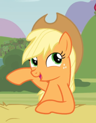 Size: 448x575 | Tagged: safe, imported from derpibooru, screencap, applejack, earth pony, pony, apple family reunion, applejack's hat, cowboy hat, cropped, cute, female, freckles, hat, jackabetes, leaning, mare, open mouth, raised hoof, smiling, stetson